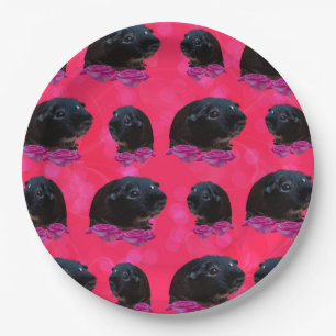 Plato De Papel Cerdos De Guinea Negra Sobre Rosas Rosa De Bonito