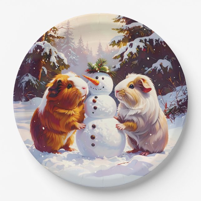 Plato De Papel Cerdos de Guinea y Navidades de Snowman (Anverso)