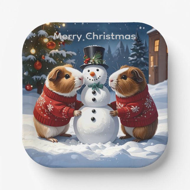 Plato De Papel Cerdos de Guinea y Navidades de Snowman (Anverso)