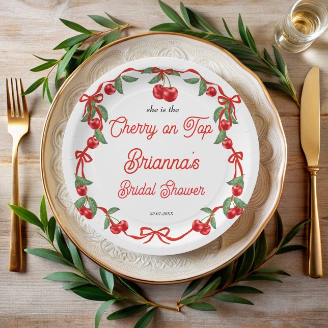 Plato De Papel Cereza encima de la cinta coqueta despedida de sol (Cherry on top ribbon coquette berry summer bridal shower personalized paper plates)