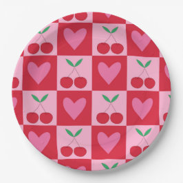 Plato De Papel Cerezas a cuadros con patrón de corazones rosas