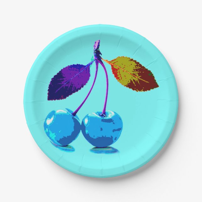 Plato De Papel Cerezas azules brillantes (Anverso)