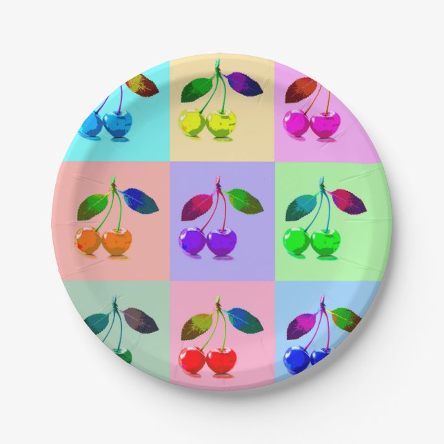 Plato De Papel Cerezas coloridas - Arte pop (Anverso)