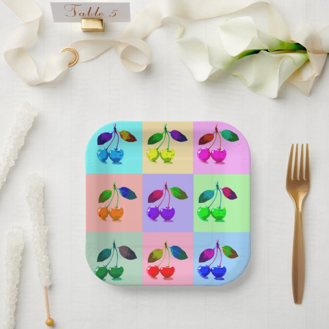 Plato De Papel Cerezas coloridas - Arte pop (Boda)