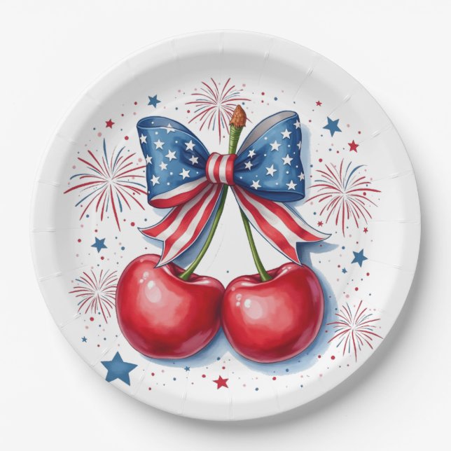 Plato De Papel Cerezas con Coquette Bow 4 de Julio Americano (Anverso)