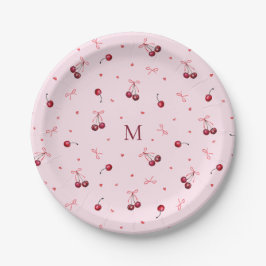 Plato De Papel Cerezas Corazones Lazos Monograma Rosado Rojo Ador
