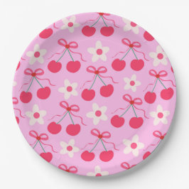 Plato De Papel Cerezas de coqueta con arcos rojos y flores blanca