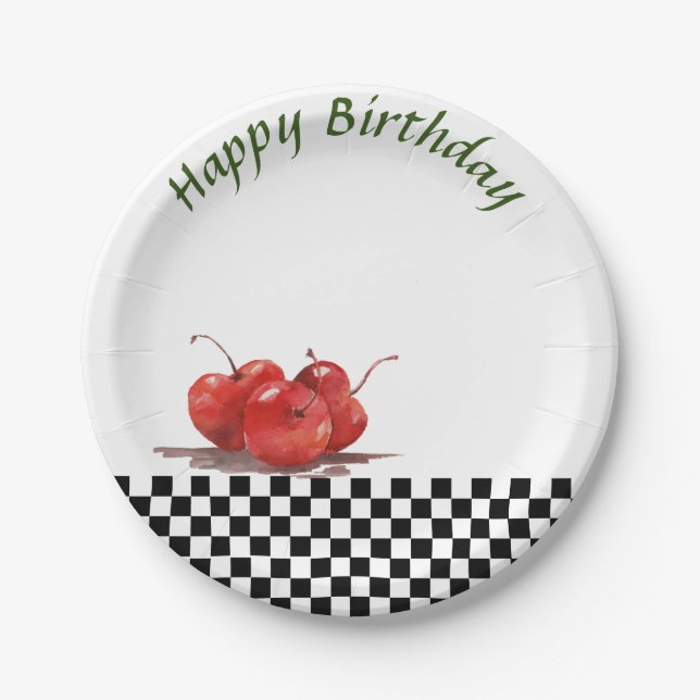 Plato De Papel Cerezas rojas brillantes en un mantel cheado 2 (Anverso)