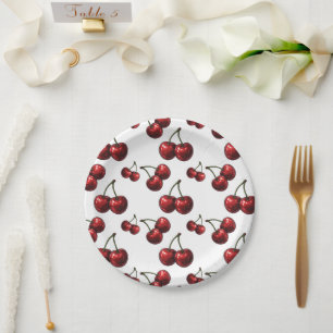 Plato De Papel Cerezas Rojas Brillantes Fiesta Retro Blanca