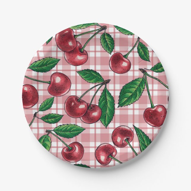 Plato De Papel Cerezas rojas en gingham rosa (Anverso)