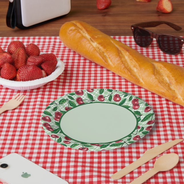 Plato De Papel Cerezas rojas en gingham verde claro (Picnic)
