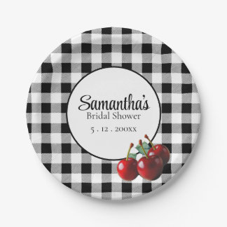 Plato De Papel Cerezas Vintage gingham negro blanco