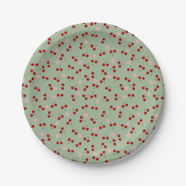 Plato De Papel Cerezas Y Flores (Anverso)