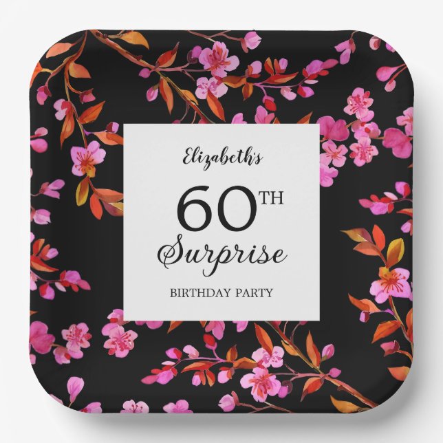 Plato De Papel Cerezo Blossom Floral Surprise Nacimiento Negro (Anverso)
