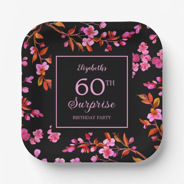 Plato De Papel Cerezo en flor Sakura Surprise Cumpleaños Negro (Anverso)