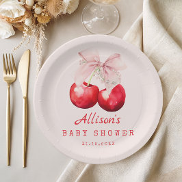 Plato De Papel Cerezo en la cima del Chica Baby Shower rojo y ros