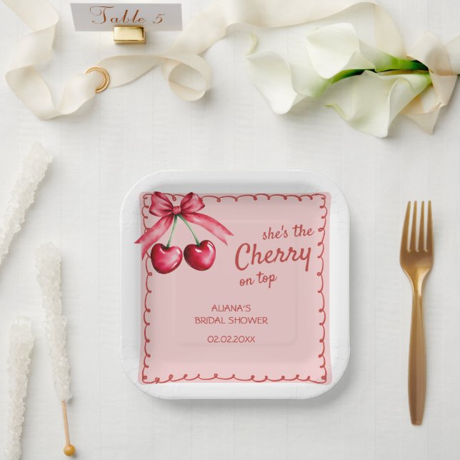 Plato De Papel Cerezo Rojo Y Rosa Sobre La Ducha De Cerezo Britán (Boda)