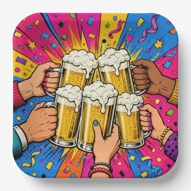 Plato De Papel Cerveza de cumpleaños Cheers Pop Art (Anverso)