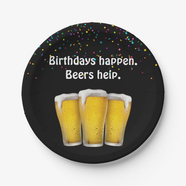 Plato De Papel Cervezas de cumpleaños con confeti (Anverso)