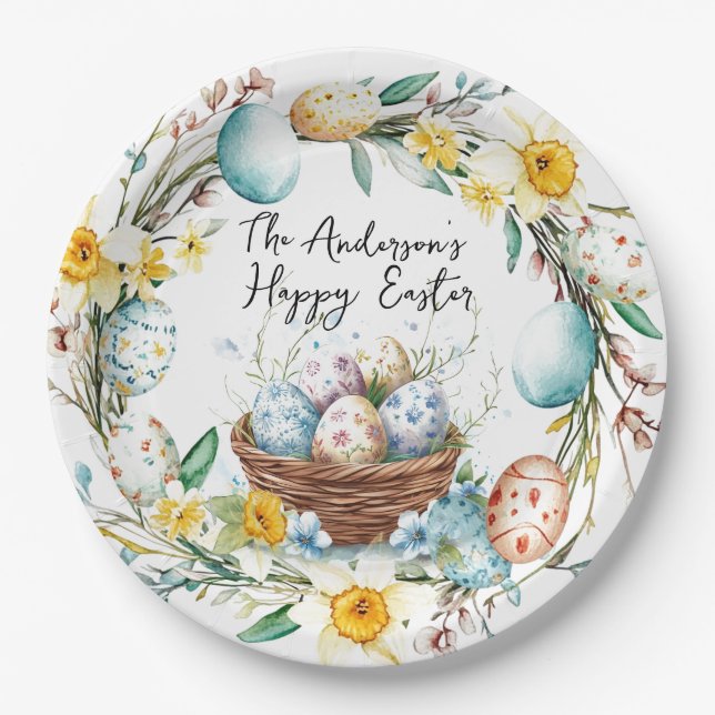 Plato De Papel Cesta con huevos y pascua floral (Anverso)