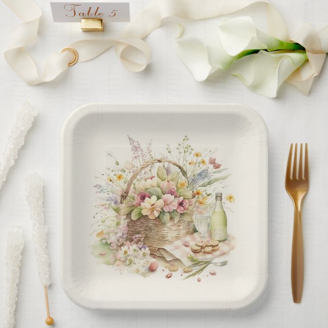 Plato De Papel Cesta de picnic con botella de vino (Boda)