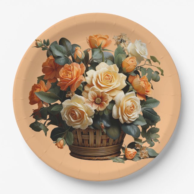 Plato De Papel Cesta de Rosas Naranjas (Anverso)
