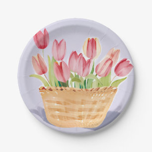 Plato De Papel Cesta de Tulipanes Pintura Acuarela Floral