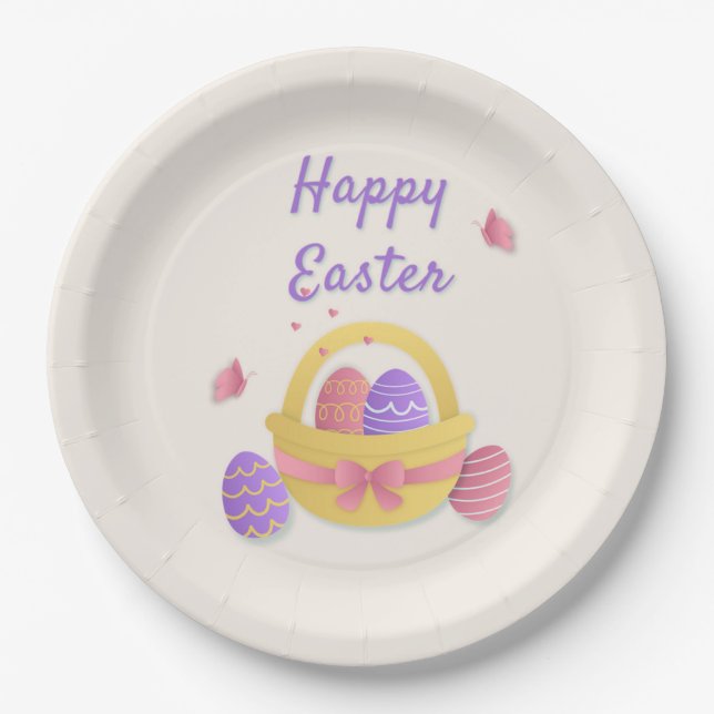 Plato De Papel Cesta feliz de Pascua y mariposas (Anverso)