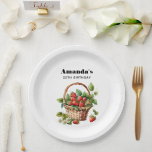 Plato De Papel Cesta linda llena de fresas Cumpleaños