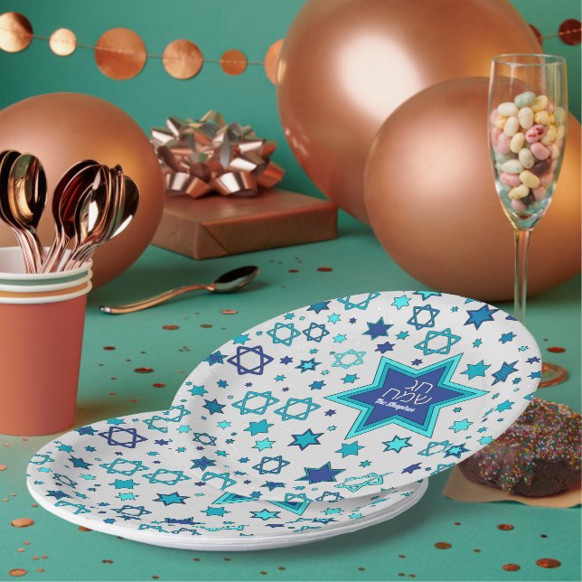 Plato De Papel Chag Sameach Star personalizada (Multi)