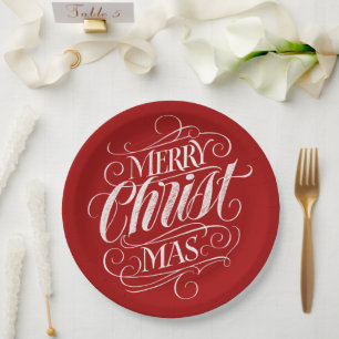 Plato De Papel Chalet cristiano navideño con letras rojas