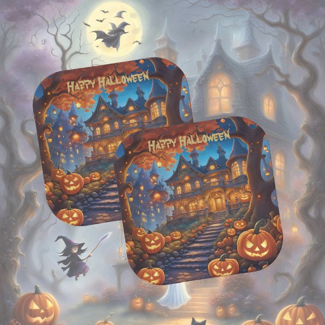 Plato De Papel Chalet fantasmal en el bosque, calabazas, Hallowee (Subido por el creador)