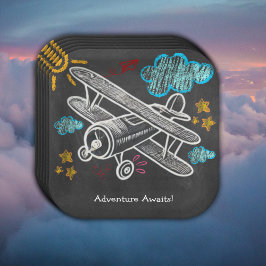 Plato De Papel Chalkboard Adventure Await Airplane Baby Shower