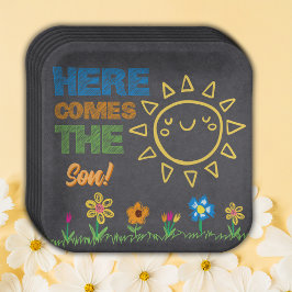 Plato De Papel Chalkboard Aquí Viene El Baby Shower Del Hijo