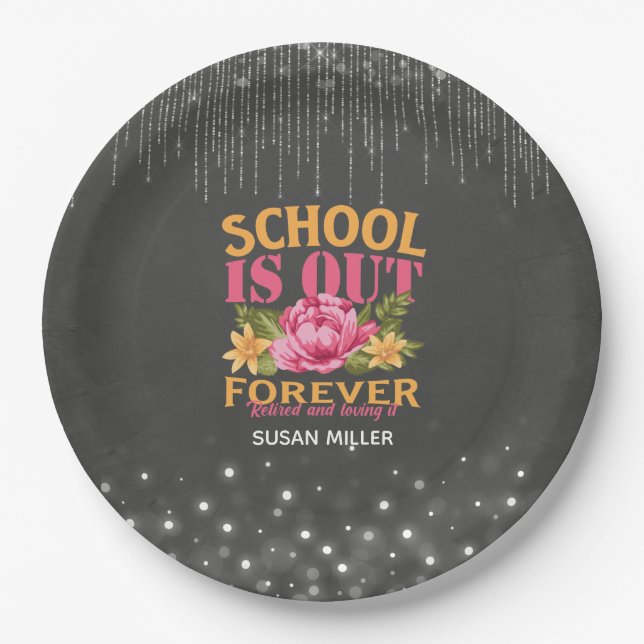 Plato De Papel Chalkboard Funny Teacher Floral Retirement (Anverso)