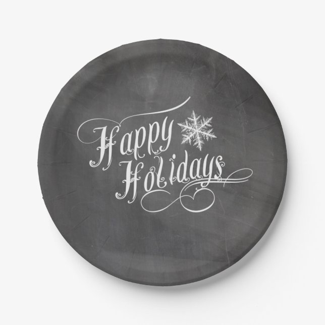 Plato De Papel Chalkboard Snowflakes | Felices fiestas (Anverso)