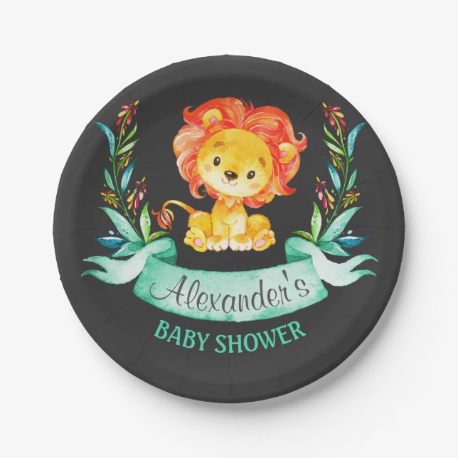 Plato De Papel Chalkboard Watercolor Lion Baby Shower (Anverso)