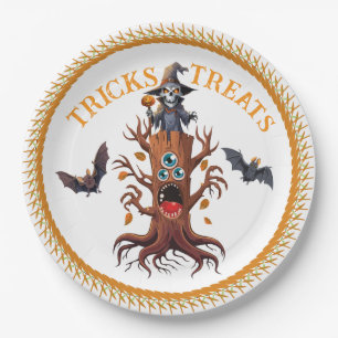 Plato De Papel Chamán espeluznante de Halloween en tocón de árbol