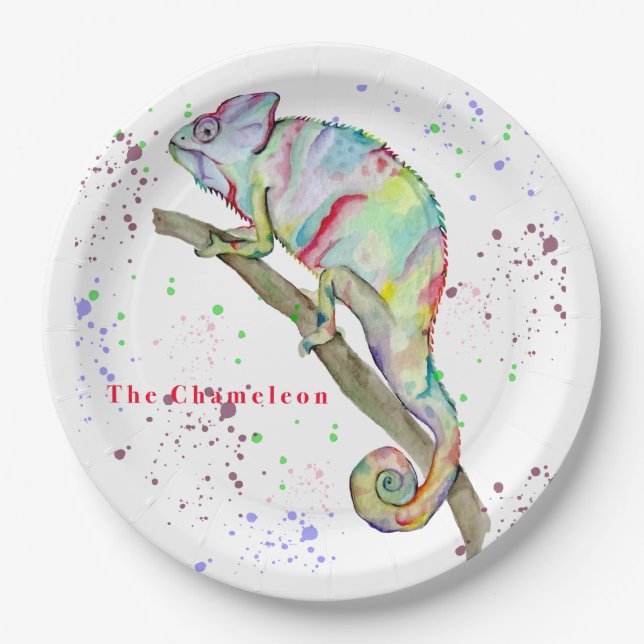 Plato De Papel Chameleon divertido de color de agua (Anverso)