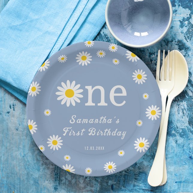Plato De Papel Chamomile Flower Blue Modern Primer cumpleaños (Subido por el creador)