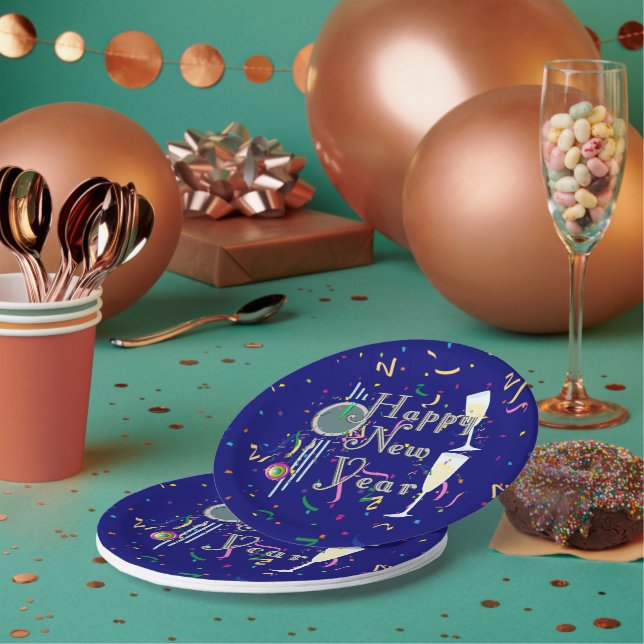 Plato De Papel Champagne and Countdown Clock New Years (Multi)