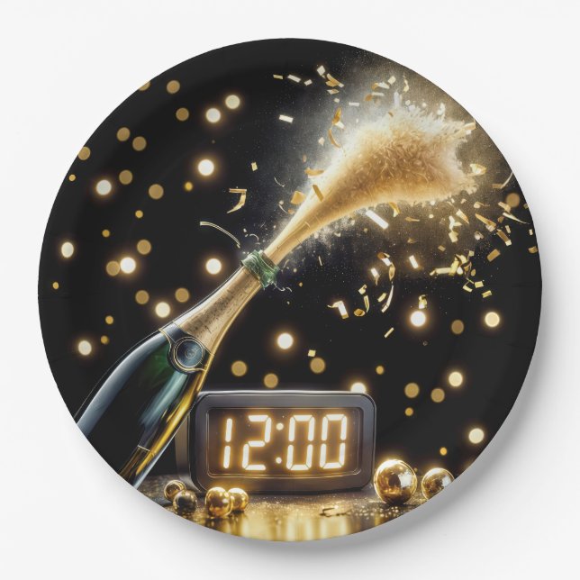 Plato De Papel Champagne de Año Nuevo con reloj de medianoche (Anverso)