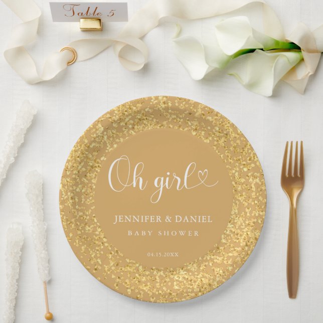 Plato De Papel Champagne Gold Confetti Oh Girl Luxe Script (Boda)