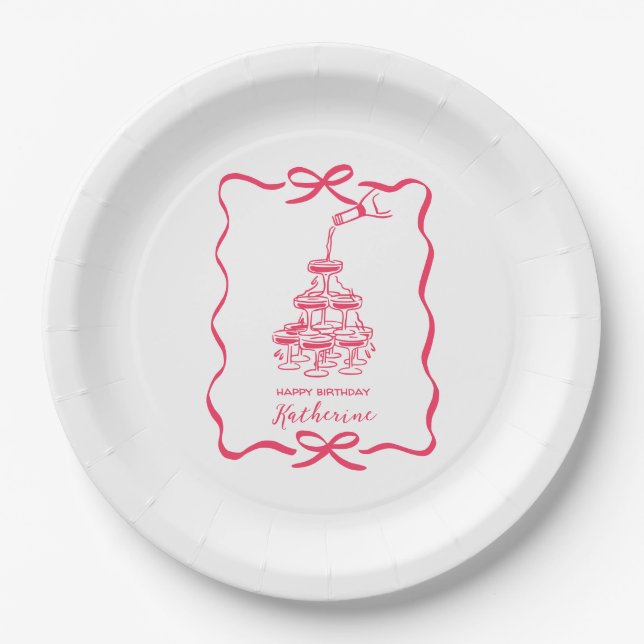 Plato De Papel Champagne Tower White Hand Drawn Birthday Party (Anverso)