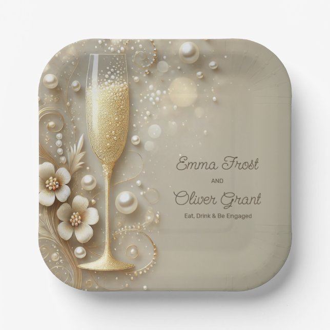 Plato De Papel Champagne y Perlas Elegante Ducha de Boda (Anverso)