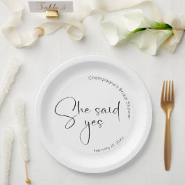 Plato De Papel Champán de Boda con Guión Moderno Ella Dijo Sí