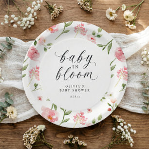 Plato De Papel Champán de Jardín Floral Acuarela Rosa para Baby S