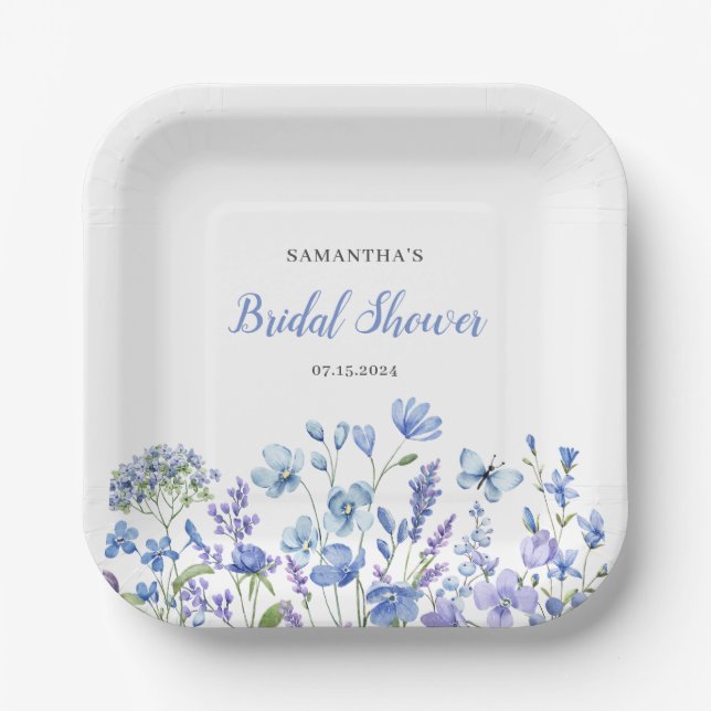 Plato De Papel Champán Nupcial Acuarela Floral Azul Silvestre  (Anverso)