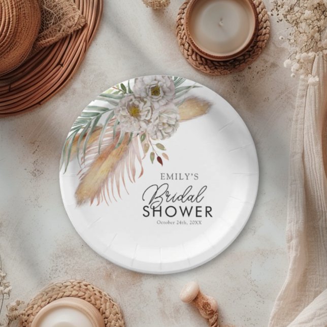 Plato De Papel Champán Nupcial Elegante de Pampas y Palma en Acua (Subido por el creador)