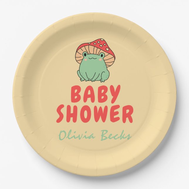 Plato De Papel champiñón con Baby Shower de rana (Anverso)